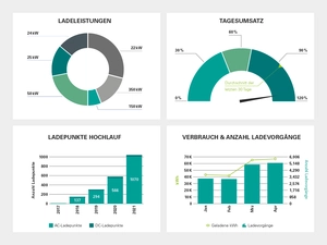 IT-System ww.eRound Diagramme zeigen Ladeleistungen, Umsatz, Ladepunktentwicklung und Verbrauchsdaten aus dem Bereich Elektromobilität.