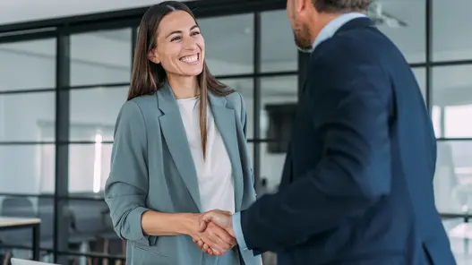 Umfassende Services für Stromzähler Zwei Personen in Businesskleidung geben sich in einem modernen Büro die Hand.