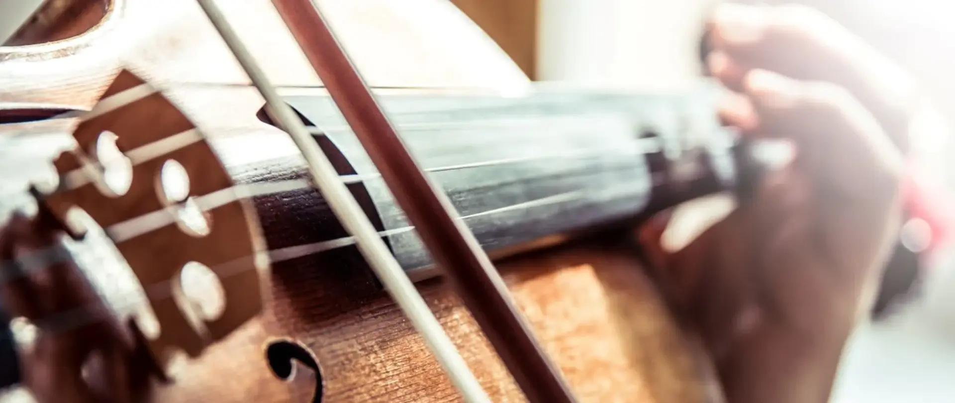 Man sieht eine Geige, einen Streicher und eine Hand, die etwas unscharf ist