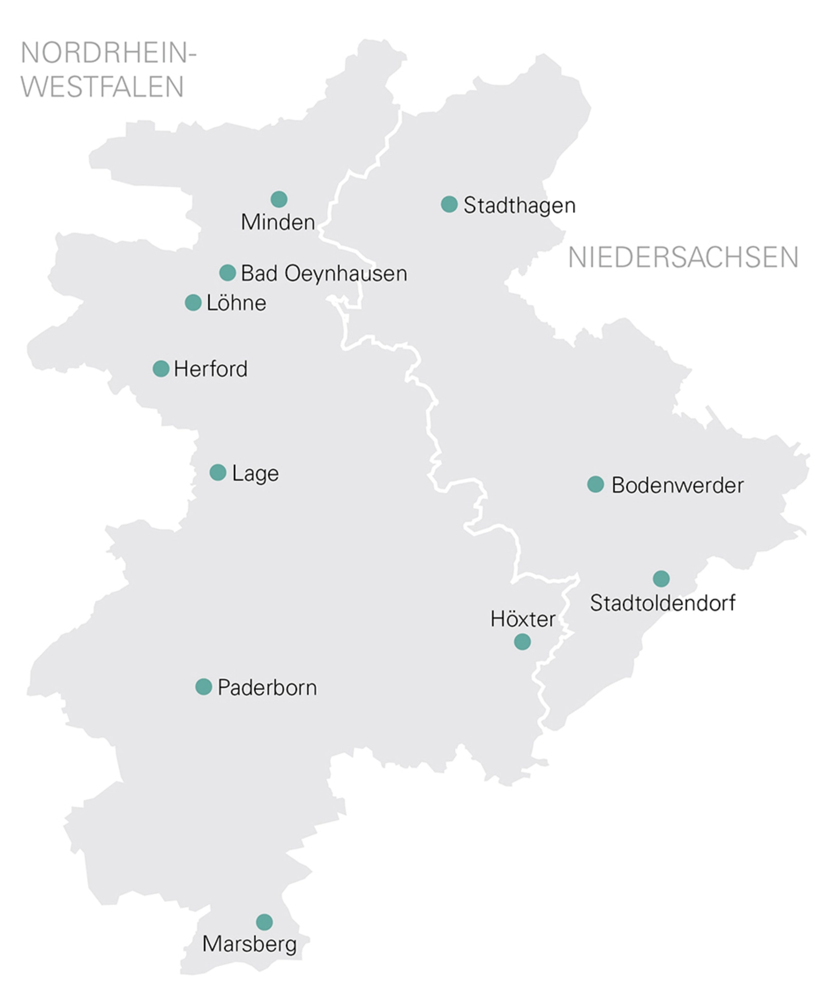 Netzgebietskarte mit den Standorten der Westfalen Weser