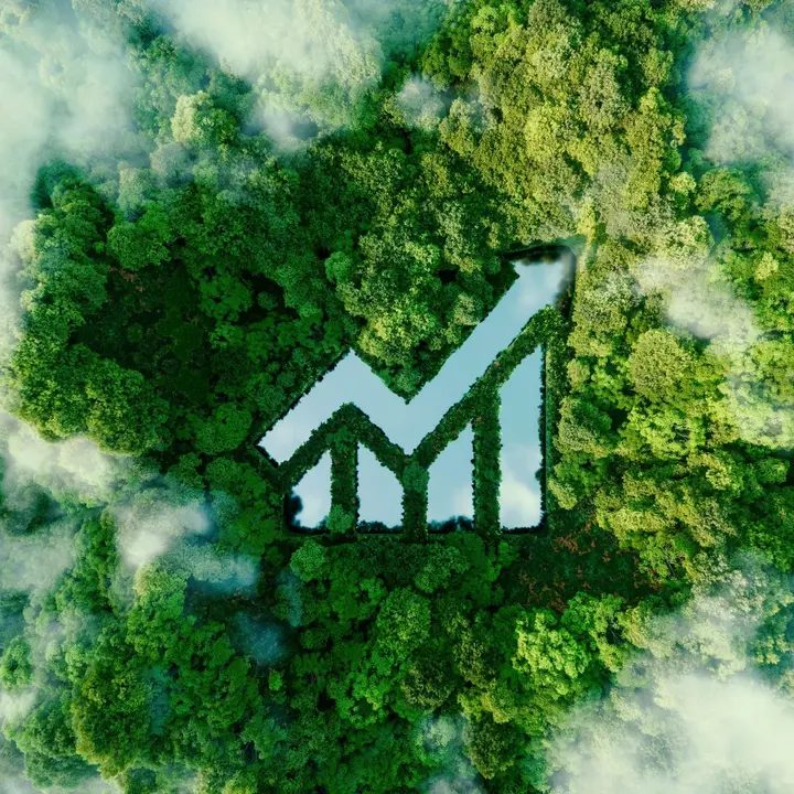 THG-Quotenhandel mit Elektromobilität Luftaufnahme eines Waldes mit einer wassergefüllten Lichtung in Form eines Aufwärtspfeils.