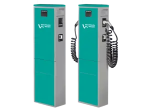 Ladesäule WW.Fleet Zwei graue Ladesäulen mit türkisfarbenem Streifen stehen bereit zum Laden von Elektrofahrzeugen.