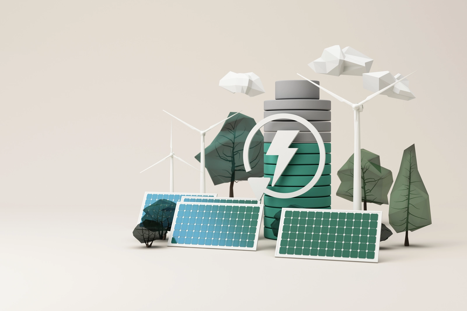 Das Bild zeigt die erneuerbaren Energien Photovoltaik und Windkraft sowie einen Batteriespeicher.