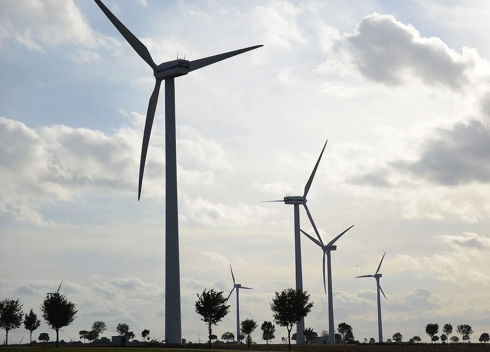 Windräder bei blauem Himmel umgeben von Bäumen